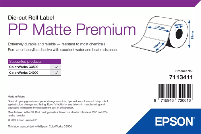 Epson PP Matte Label Premium, Izsekalne nalepke, 102 x 76 mm (365 nalepk)